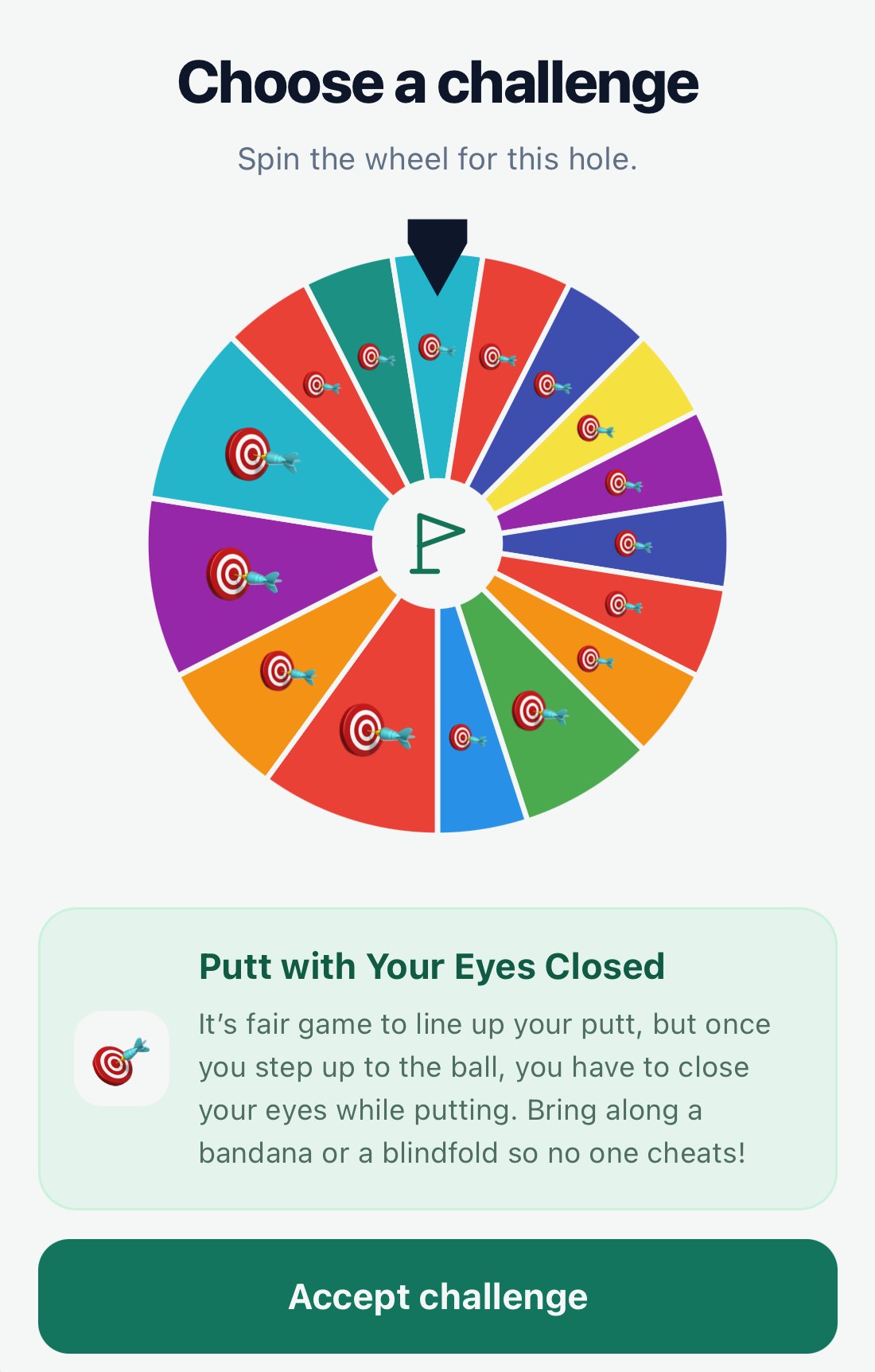 The challenge mode spinner on the digital scorecard, landed on "Putt with Your Eyes Closed"